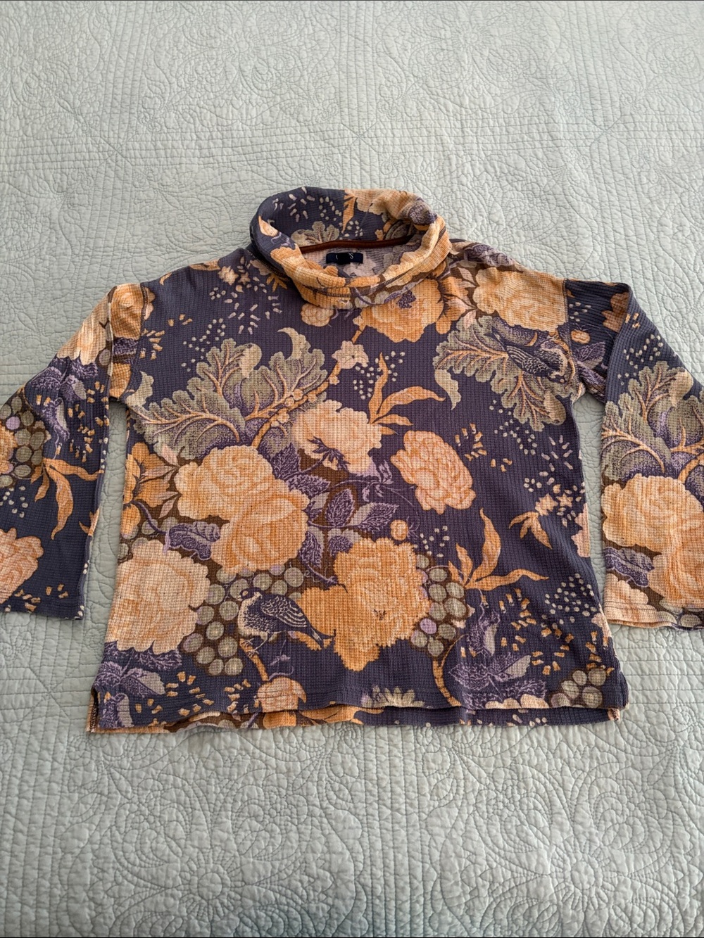 Chaps Long Sleeve Floral Pullover in Gray-Blue, Mustard